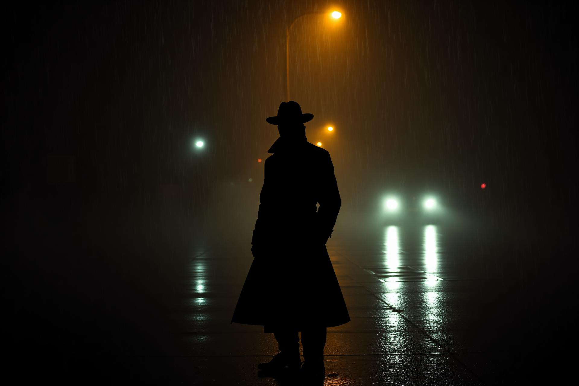 Detetive silhueta sob luz de poste em noite chuvosa